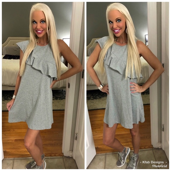 🥰LAST 1! Knit Heather Gray Ruffle Dress! 💕 - Picture 4 of 4